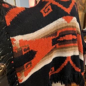 Vintage Ralph Lauren Wool Fringe Poncho Sweater Southwestern Aztec Boho